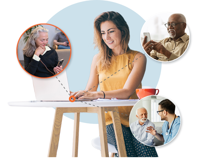 Conceptual image of young woman on laptop with circles of other people around here